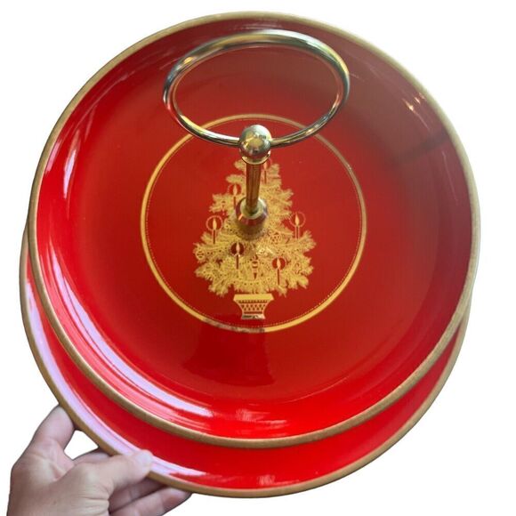 Otagiri Christmas Red Gold Tree Lacquer Two Tiered Tray Appetizer Dessert - Picture 2 of 7